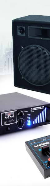 Attrezzature per DJ, sistemi PA, altoparlanti, console di mixaggio, luci, dispositivi per effetti, cuffie